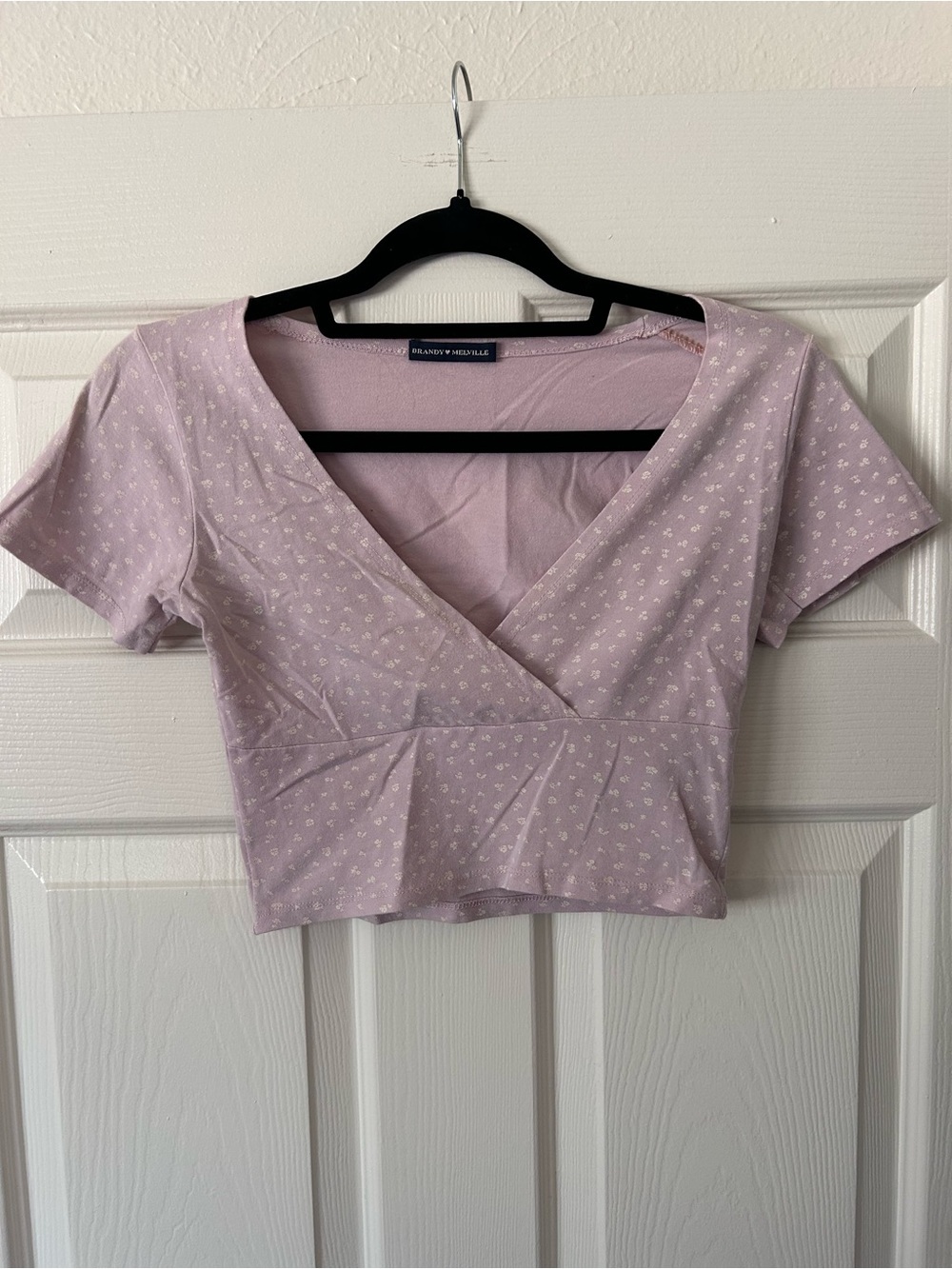 Brandy Melville Baby Pink Wrap Crop Top with White Floral-Print